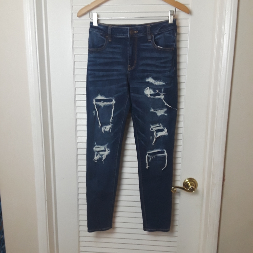 American Eagle Womens Distressed Crop Mid Rise Jegging Jeans Size 4 Medium Wash